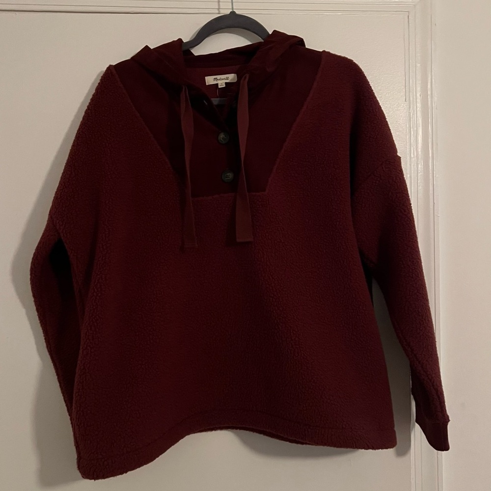 Madewell (Re)sourced Fleece Button-Front Hoodie Sweatshirt Dark Merlot